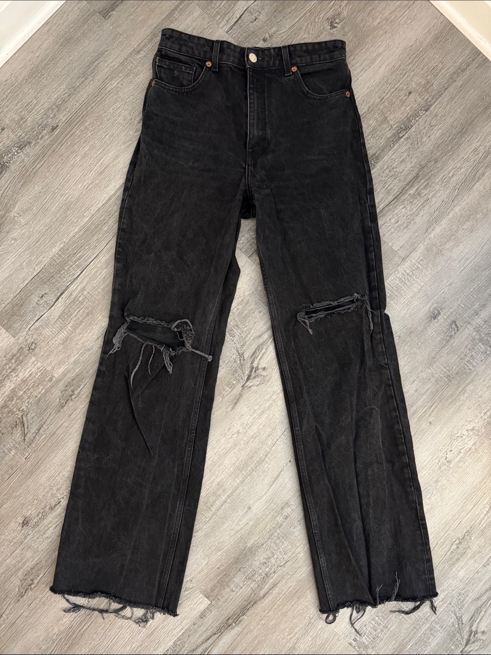 Zara Black Straight-Leg Distressed Jeans